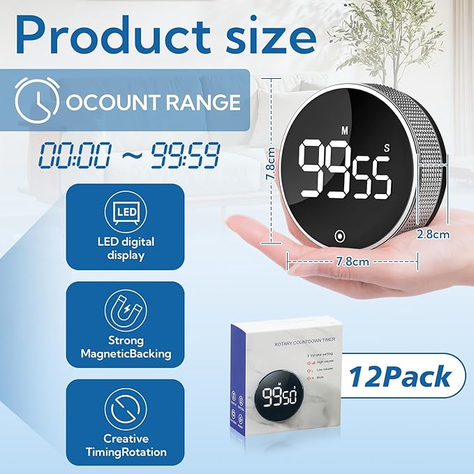 12 Pack Digital Kitchen Timer - Magnetic Kitchen Timer Visual timers Large LED Display Countup Timer 3 Volumes, 2 Brightness LevelsExtensively Use in Break Time, Cooking,Gym, Meeting, Classroom(Black)