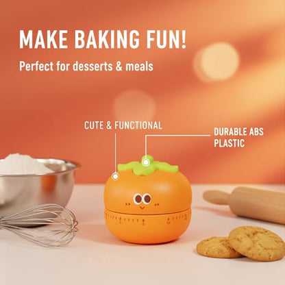 Cute Kitchen Timer with 60-Minute Mechanism, Orange Persimmon Design, Non-Slip Base, Easy-Read Dial, Mechanical Countdown for Cooking and Baking
