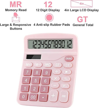 Office Calculators Desktop, 12-Digit Dual Power Cute Calculator with Large LCD Display Big Button for Office Home and School (Pink)