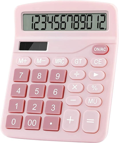 Office Calculators Desktop, 12-Digit Dual Power Cute Calculator with Large LCD Display Big Button for Office Home and School (Pink)