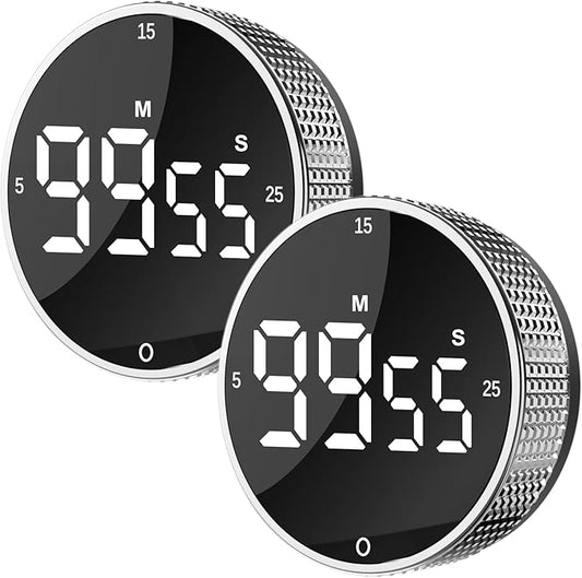 Upgrade Digital Kitchen Timer - Magnetic Countdown Countup Visual Pomodoro Timer with Large LED Display, 3-Preset Times (5, 15, 25), 3 Volume Levels, Ideal for Cooking, Baking and Fitness (2, Silver)