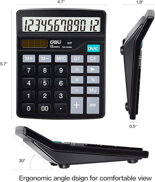 Calculator, Deli Standard Function Desktop Calculators with 12 Digit Large LCD Display and Sensitive Button, Solar Battery Dual Power Office Calculator, Black