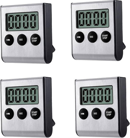 4 Pack Digital Kitchen Timer Magnet, Stainless Steel Cooking Timers with Alarm. Magnetic Countdown Timer for Kitchen Cooking, Baking,Sports Games (AAA Battery Included)