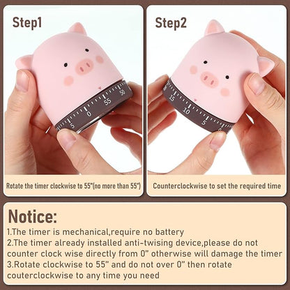 Queekay 4 Pcs Kitchen Cooking Timer Animal Mechanical Timer 60 Minute Wind up Dial 360° Rotating Countdown Egg Reminder No Batteries Loud Ring Cartoon Alarm for Kids Time Management, Fox Pig Cat Dog