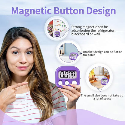12 Pack Digital Kitchen Timer Magnetic Digital Timer with Big Display Loud Ring Cooking Timers for Kitchen Electronic Timer for Cooking, Bathing, Gym, Break Time, Classroom(12,White,Blue,Purple)