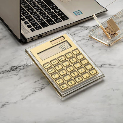Gold Foil Stamping Solar Power Acrylic Slim Calculator with Large LCD Display and Stand, 12-Digit Handheld Desktop Calculator for Office, School, Business
