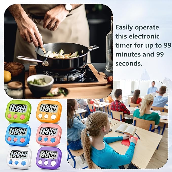 12 Pack Digital Kitchen Timer Magnetic Digital Timer with Big Display Loud Ring Cooking Timers for Kitchen Electronic Timer for Cooking, Bathing, Gym, Break Time, Classroom(12,White, Blue, Orange)